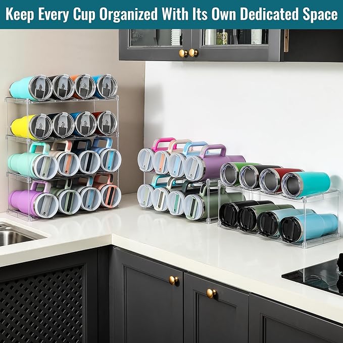 Design for Stanley 40 OZ & Large Bottles & Tumblers with Handle - Acrylic Water Bottle Organizer - Stackable Clear Wine Rack Cup Holder for Home Kitchen Pantry Shelf Countertop Cabinet, 3 Tier Hold 12 MakeLifeBetterEasier