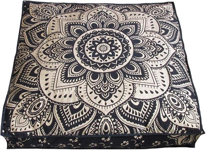 24" Black Gold Flower Mandala Barmeri Large Floor Pillow Cover Cushion Meditation Seating Ottoman Throw Cover Hippie Decorative Zipped Bohemian Pouf Ottoman Pom Pom Cases 24 " square - Bloomnest