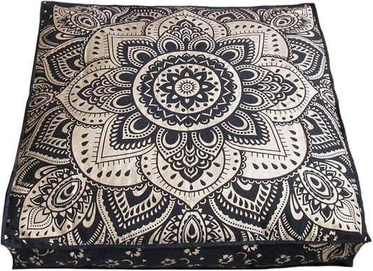 24" Black Gold Flower Mandala Barmeri Large Floor Pillow Cover Cushion Meditation Seating Ottoman Throw Cover Hippie Decorative Zipped Bohemian Pouf Ottoman Pom Pom Cases 24 " square - Bloomnest