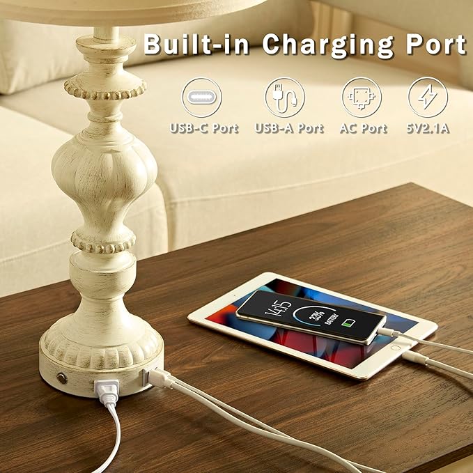 27.5" Farmhouse Table Lamps Set of 2 Bedside Nightstand Lamp with USB C+A Ports & AC Outlet, 3 Way Dimmable Touch Lamps for Bedroom Living Room Office Rustic Lamp (White Gold) - Bloomnest