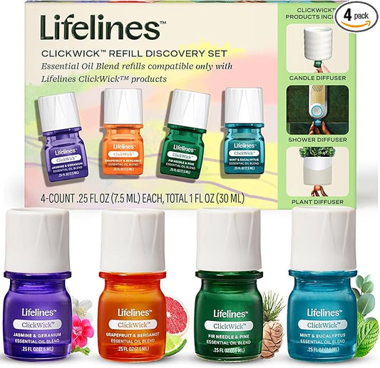 ClickWick Essential Oil Blends for Lifelines Diffusers, 4-Pack Discovery Set - Essential Oil Blend Refill for Candle, Plant & Shower Aromatherapy Diffuser - Fragrance for Diffusers - Bloomnest