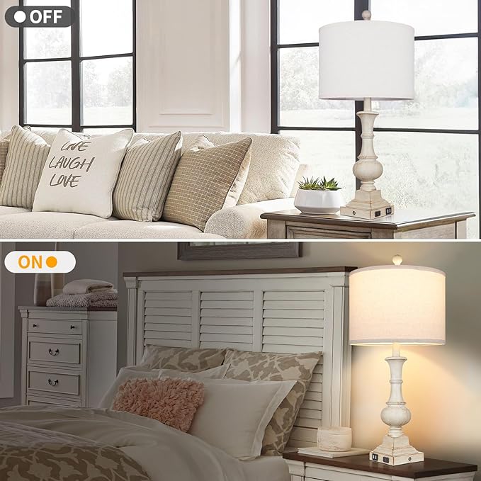 26" Farmhouse Table Lamps, Table Lamps For Living Room Set of 2 with USB A+C Ports & AC Outlet, Vintage Rustic Touch Control 3-Way Dimmable Boho Nightstand Lamp White Washed Resin for Bedroom Deocr - Bloomnest