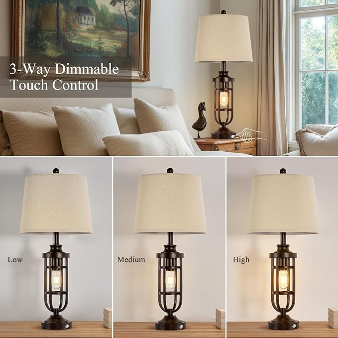 28.8" Farmhouse Table Lamps for Living Room Set of 2, 3-Way Dimmable Touch Lamps with USB Ports, Rustic Nightstand Lamps for Bedroom End Tables, Bulbs Included - Bloomnest