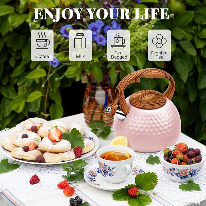 GGC Tea Kettle for Stove Top, Loud Whistling Kettle for Boiling Water Coffee or Milk, 3.1 Quart 3L Heavy Stainless Steel Pink Kettles with Wood Pattern Handle, Unique Button Control Kettle Outle - Bloomnest
