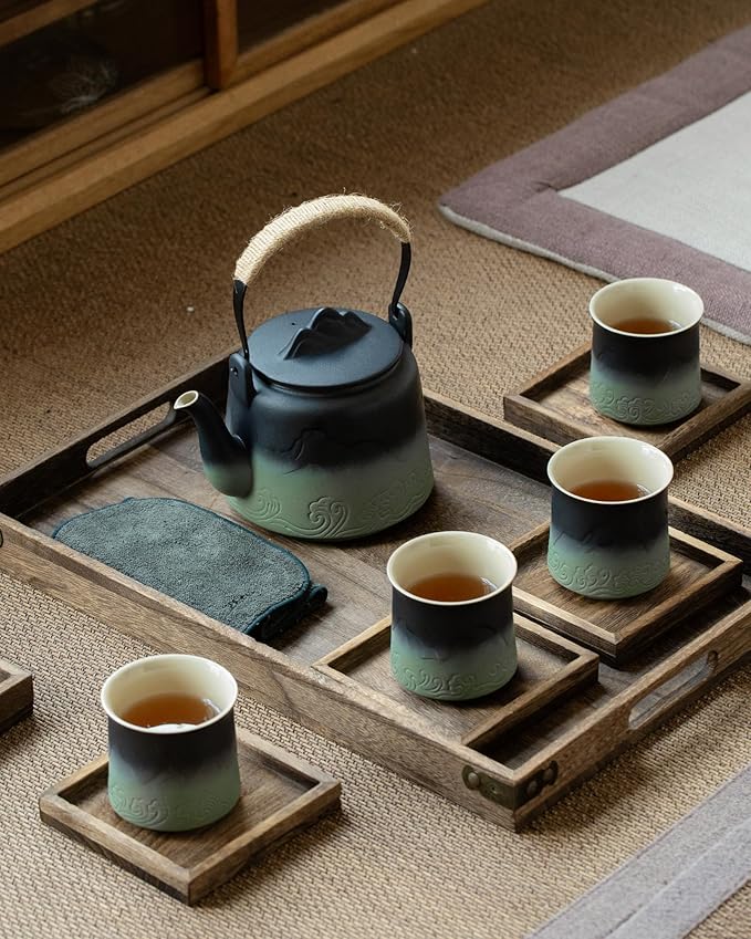 ZENS Vintage Japanese Tea Set with 4 Tea Cups, 33.8 oz Embossed Ceramic Loose Leaf Teapot with Built-in Strainers for Tea Steeper, Hemp Rope Handle Gradient Japanese Tea Pot for Tea Lovers Gifts - Bloomnest