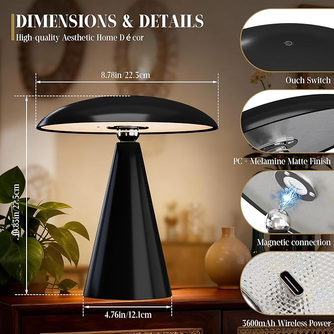 Mushroom Aesthetic Cute Lamp,Magnetic Mid Century Modern Lamp with 3-Mode Lighting for Unique Home Mushroom Decor,Cordless USB Rechargeable Lamps for Bedside/Dorm/Office/Entryway Decor(Black) - Bloomnest