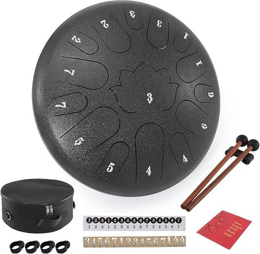 Steel Tongue Drum, 12 Inch 15 Notes Outdoor Rain Drum, Hand Pan Drums, with Music Book, Handpan Drum Mallet, and Carry Bag (Black, 12 Inch)