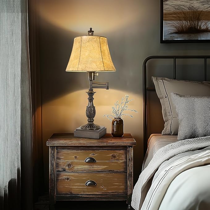 23.5" Rustic Traditional 350° Adjustable Swing Arm Table Lamp Set of 2 with USB A+C Ports Brown Finish Faux Leather Shade Vintage Nightstand lamp for Living Room Bedroom Office (Bulb Included)