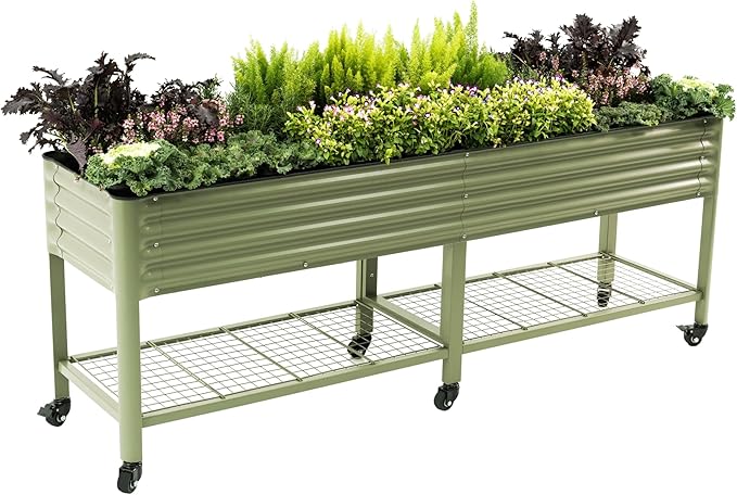 Rolling Elevated Raised Garden Bed-V Series, 2' x 8' Garden Beds with Legs & Storage Rack for Patio & Porch, 1400 Lbs Weight Capacity, Outdoor Planter Box for Vegetables Flower Herbs, Olive Green - Bloomnest