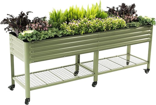 Rolling Elevated Raised Garden Bed-V Series, 2' x 8' Garden Beds with Legs & Storage Rack for Patio & Porch, 1400 Lbs Weight Capacity, Outdoor Planter Box for Vegetables Flower Herbs, Olive Green - Bloomnest