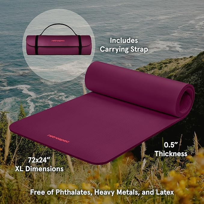 Retrospec Solana Yoga Mat 1/2" Thick w/Nylon Strap for Men & Women - Non Slip Exercise Mat for Yoga, Pilates, Stretching, Floor & Fitness Workouts - Bloomnest
