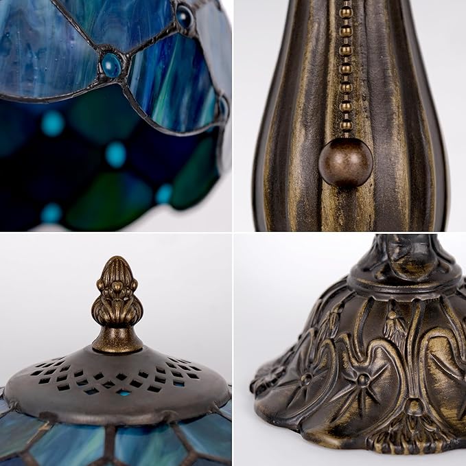 Tiffany Style Table Lamp Vintage Stained Glass Desk Lamp Sea Blue Pearls Bedside Reading Light Decor Bedroom Living Room Entry Home Office D12 xH18 - Bloomnest