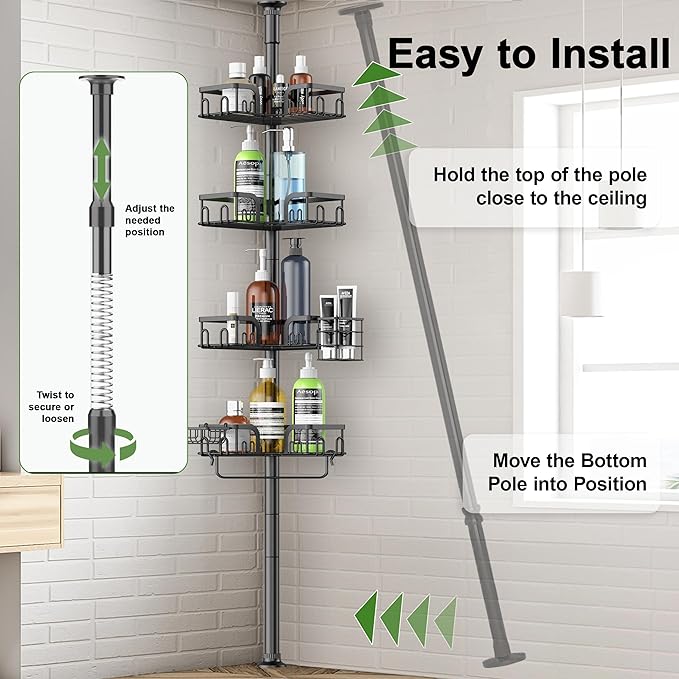 Corner Shower Caddy Tension Pole 4 Tier Adjustable Stainless Steel Shower Shelf for Inside Shower Bathtub Shampoo,Standing Bathroom Organizer Shelves with 39 to 113 inch Height - Bloomnest
