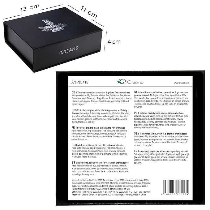 Creano Tea Flowers Mix 6pcs Set Blooming Tea, Green Tea, White Tea & Black Tea in Elegant Magnetic Box with Silver Embossing
