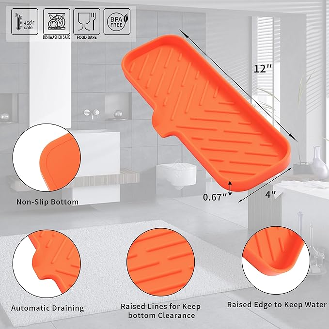 Silicone Bathroom Soap Dishes with Drain Spout-Bathroom and Kitchen Sink Organizer,Sponge Holder,Dish Soap Tray,Perfect for Dispenser,Scrubber,Bottle,Cup on Sink or Counter-Orange 12"×4" - Bloomnest