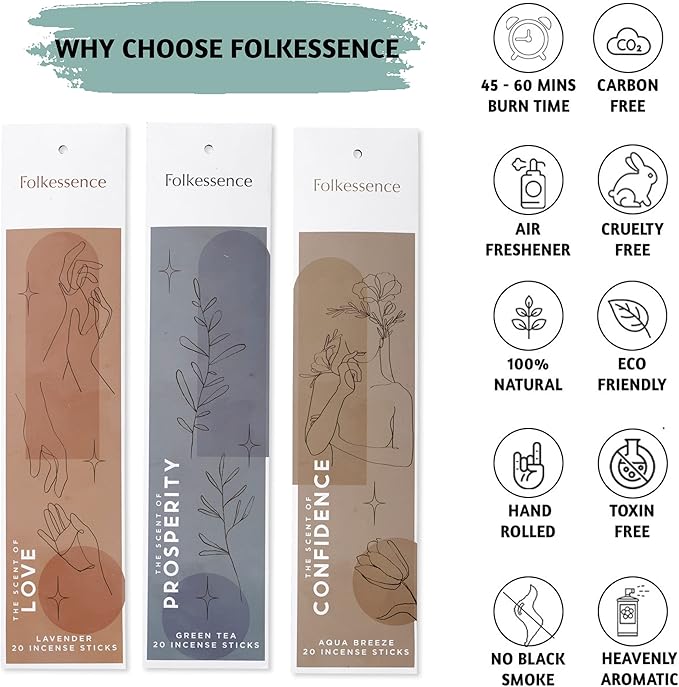 Folkulture Incense Sticks (120 Sticks) | Set of 6 Premium Incense For Manifesting, Aromatherapy, Gifts | No Charcoal,Organic, Non Toxic, 45 Mins, Long Burning Frankincense, Coffee, Mint Insence-Sticks FOLKULTURE