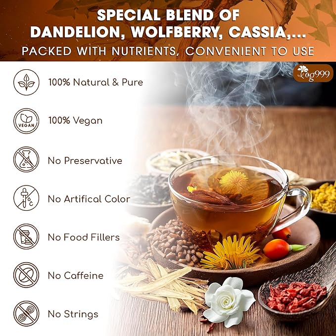 TOG999, Organic Dandelion Wolfberry Tea, 9 Herbal Ingredients, Traditional Recipe Tea for Kidney & Liver, Natural Dandelion, Wolfberry, Gardenia, Cassia Seed, Chrysanthemum, Licorice, Orange Peel (30 Bags) - Bloomnest