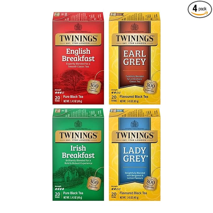 Twinings Variety Pack Black Tea Bags, 20 Count (Pack of 4), Includes English Breakfast, Earl Grey, Irish Breakfast, and Lady Grey, Caffeinated, Enjoy Hot or Iced, 80 Teabags - Bloomnest
