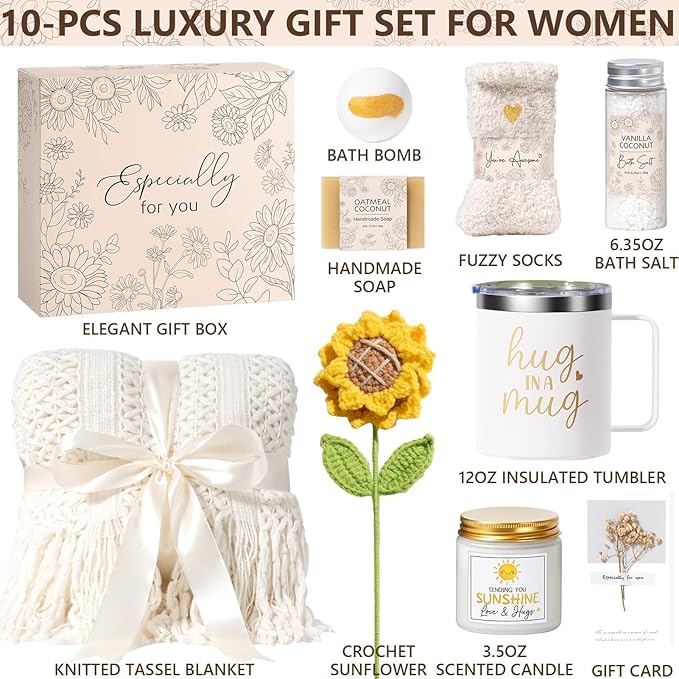 Birthday Gifts for Women Self Care Get Well Soon Gift Baskets, Spa Care Package Thinking of You Sunflower Gifts, Sending Sunshine Box Unique Valentine's Day Gift for Women Wife Her Girlfriend Mom Sis - Bloomnest