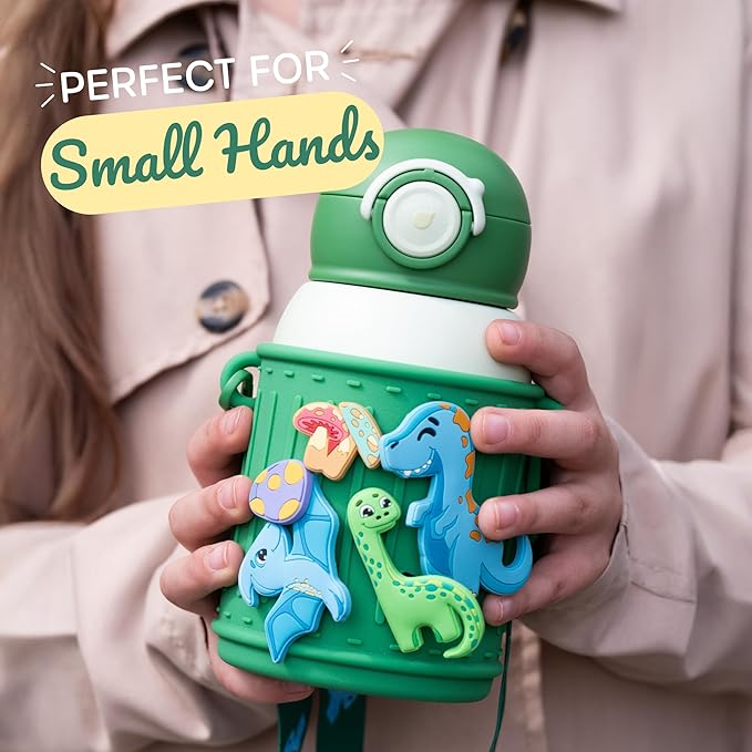 Kids Insulated Tumbler Set – 16oz Stainless Steel Water Bottle with Straw & Pour Lids, Screw-On Cup, Adjustable Strap, Silicone Sleeve & Charms – Leakproof BPA-Free Bottle for Boys & Girls - Bloomnest