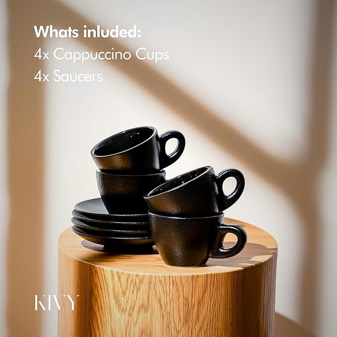 KIVY Cappuccino cups set of 4 [8oz] - Thick-walled stoneware cappuccino cup set for latte art - Latte mugs - Latte cups - Latte mug - Coffee cup black - Ceramic latte cup and saucer - Bloomnest