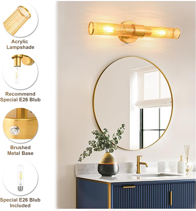 Gold Battery Operated Wall Sconces Set of 2, Rechargeable Wall Lights with Remote Control, 20 Inch Modern Wireless Wall Lamp for Bedroom, Living Room with Amber Shade (Bulbs Included) - Bloomnest