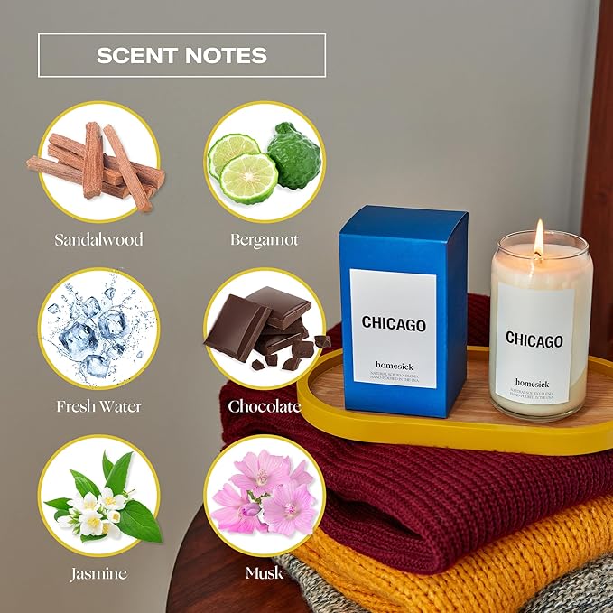 Homesick Scented Candles for Home (Chicago) - 13.75 oz Long-Lasting Soy Wax Jar Candle for Women & Men for All Occasions, 60-80 Hours Burn Time - Notes of Sandalwood & Bergamot - Bloomnest