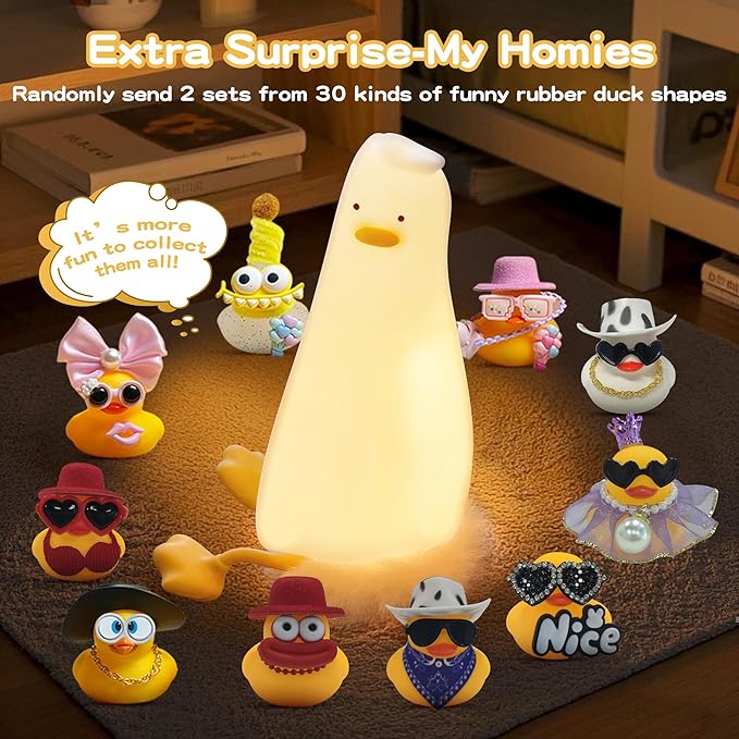 Cute Duck Night Light with Color Changing, APP/Tap Control Fun Lying Flat Ducky Lamp with Blind Box Gift,Soft Silicone Nursery Nightlight,Dimmable/Timing Bedside Touch Lamp,Baby Adults Kids Room Decor - Bloomnest