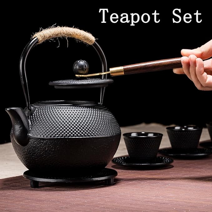 YJX 40.6 fl oz Cast Iron Teapot Set, Japanese Tetsubin Tea Set with Cast Iron Teacups, Small Tea Kettle Set with Strainer for Loose Tea, Enameled Interior (1200ml Tea Set with Cups and Saucers) - Bloomnest