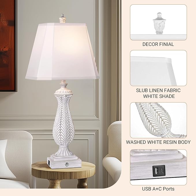 3-Way Dimmable Table Lamps for Bedrooms Set of 2, 30" H Touch Lamps for Living Room with with USB & Type-C Ports, White Mermaid Bedside Lamp for Nightstand, Resin Farmhouse Rustic Lamp with 2 Bulb - Bloomnest