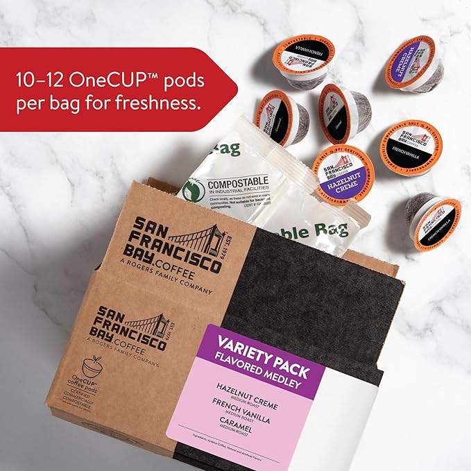 San Francisco Bay Compostable Coffee Pods - Variety Pack Flavored (40 Ct) K Cup Compatible including Keurig 2.0, Hazelnut, Cinnamon, Caramel, Vanilla Flavored Coffee - Bloomnest