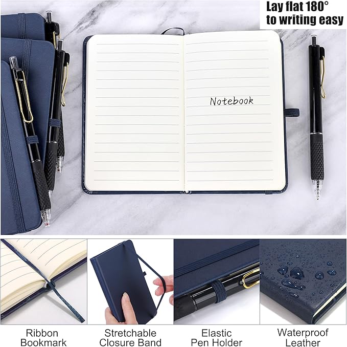 Aodaer 50 Sets Pocket Notebook Journal with Pens, 160 Pages, 3.5 x 5.5 Inch Mini Lined Journal Notebook A6 Leather Hardcover College Ruled Notepad with Pen Holder for School Office Gifts, Navy Blue - Bloomnest