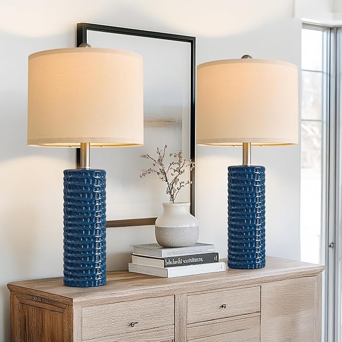 PORTRES 24.75" Modern Accent Ceramic Table Lamp Set of 2 for Bedroom Desk Decor Bedside Lamps for Living Room Study Room Office Dorm Farmhouse Nightstand Lamp End Table Lamps (Blue) - Bloomnest
