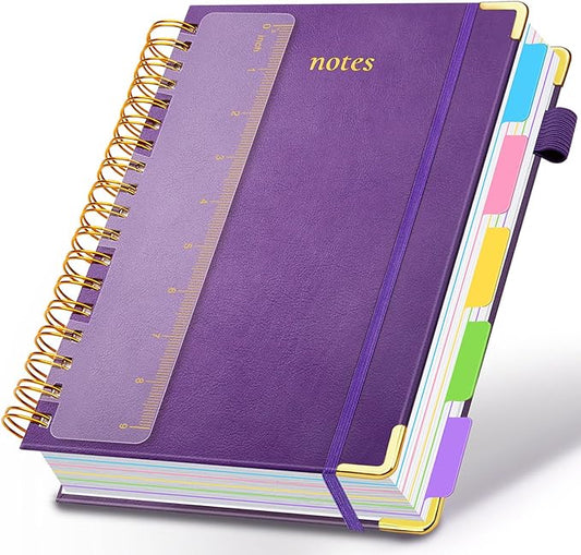 Hardcover Spiral Notebook 8"x10" Journal Notebook with Tabs and Removable Dividers 300 Pages 5 Subject Notebook College Ruled, Faux Leather Spiral Bound Notebook for Women School Work (Purple) - Bloomnest