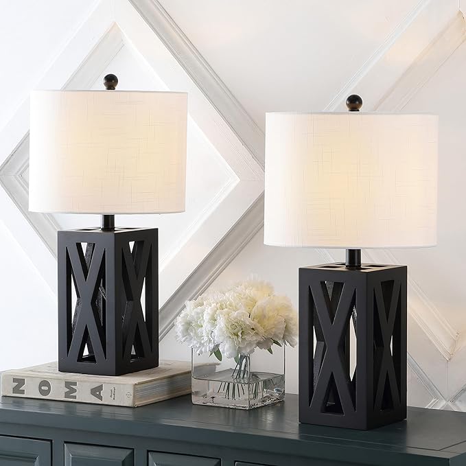 JONATHAN Y JYL1062C-SET2 Stewart 21.5" Wood LED Table Lamp Farmhouse, French Country, Rustic, Bohemian, Bedroom, Living Room, Office, College, Bookcase, Black (Set of 2) - Bloomnest