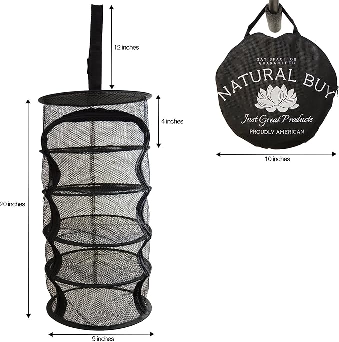 9 Inch 5 Level Micro Hanging Dry Net Indoor/Closet Drying Rack for Herbs, Plants, Organizer, Freshner - Black Mash Screen with Top-to-Bottom Zipper - Apartment Size with Zipped Storage Pouch - Bloomnest