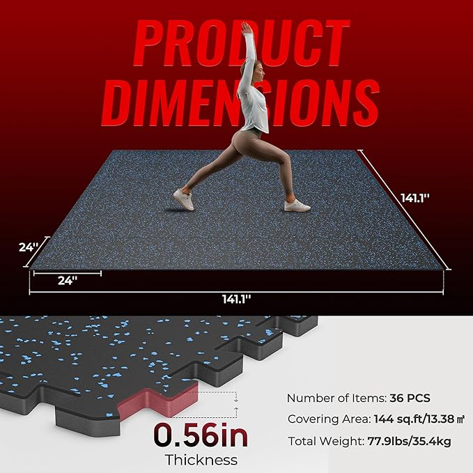 SUPERJARE 0.56'' Thick 36 Pcs 144 Sq Ft Rubber Top Exercise Equipment Mats, High Density EVA Foam Mats with Rubber Top, Interlocking Gym Flooring for Home Gym, Protective Workout Mat, Black/Blue - Bloomnest