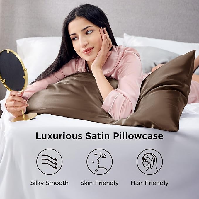 Bedsure Satin Pillowcase 2 Pack Similar to Silk Pillow Cases Standard Size, Pillow Case for Sleeping Women with Envelope Closure, Gifts for Women Men, Brown, 20x26 Inches, 2pcs - Bloomnest