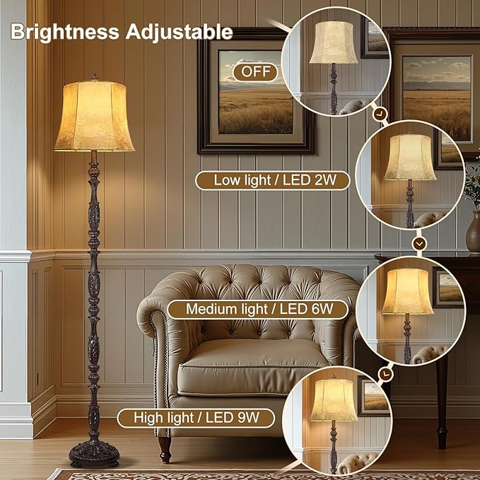 Scenekoy Vintage 66” Tall Floor Lamp for Living Room Bedroom, Retro Resin Carved Standing Lamp with Faux Leather Shade, 3-Way Adjustable Bulb, Rotary Switch Rustic Corner Light for Home Decor