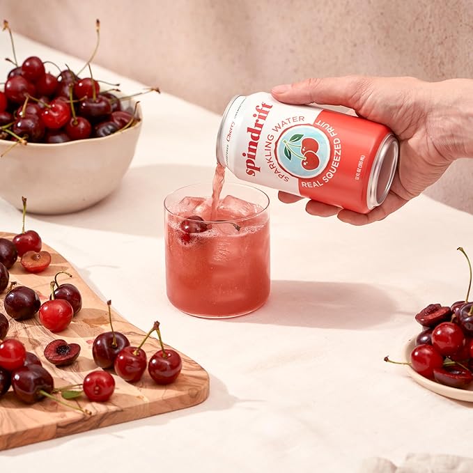 Spindrift Sparkling Water, Cherry Flavored, Made with Real Squeezed Fruit, 12 Fl Oz Cans, Pack of 24 (Only 21 Calories per Can) - Bloomnest