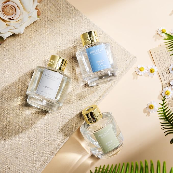 Airkeep Reed Diffuser Set of 3, Jasmine Mint Gardenia Freesia Pear Oil Reed Diffusers for Bedroom Living Room Office Aromatherapy Oil Reed Diffuser for Gift 50ml x 3 - Bloomnest