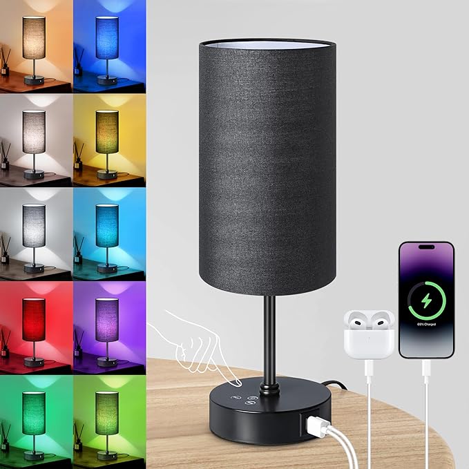Unicozin Small Table Lamp,3 CCT 3000K/4500K/6500K & RGB Color Changing,Stepless Dimmable Touch Control Bedside Lamp for Reading,Ambience Nightstand Light for Home Decor Party,Black Shade - Bloomnest