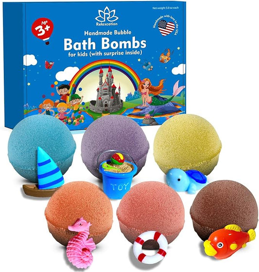 Bath Bombs for Kids Set with Surprise Beach Toys Inside - Safe Ingredients for Sensitive Skin - Colorful Bubble Fizzies with Fun Toy Inside - Handmade in USA - Bloomnest