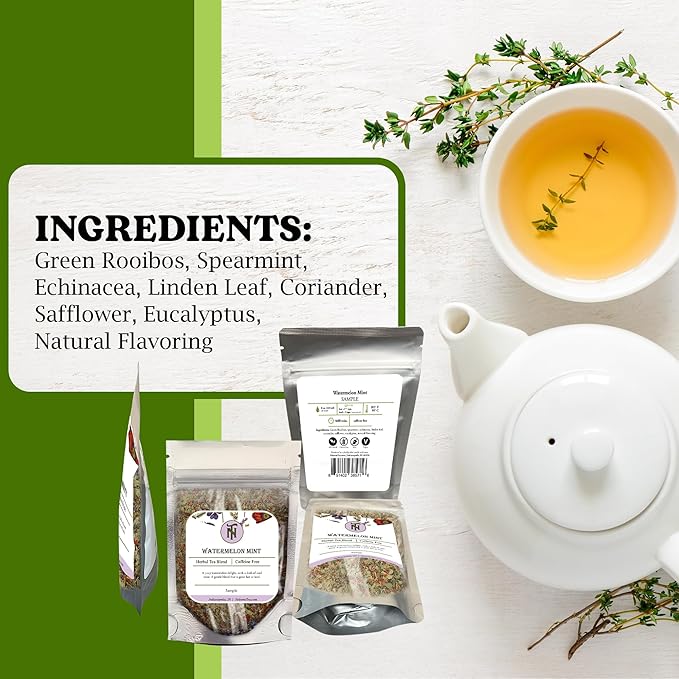 Nelson's Tea Watermelon Mint Tea Loose Leaf - Caffeine Free Green Rooibos Tea with Spearmint, Echinacea, Linden Leaf, Coriander, Safflower and Eucalyptus (Sample 0.4 Oz) - Bloomnest