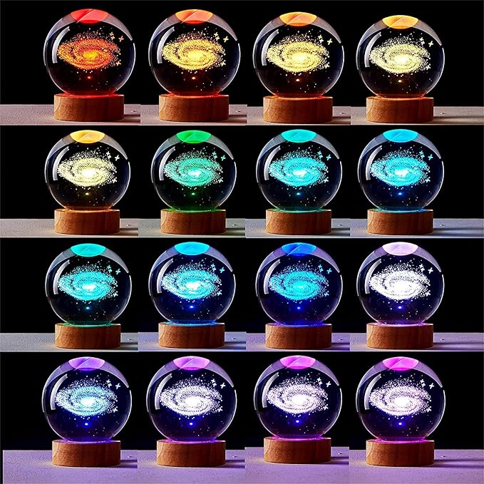 3.15 inch Galaxy Crystal Ball lamp,3D Solar System Crystal Ball Night Light with Wooden Base,16 Colors Change with Remote Control,Clear Glass Planet Light,Birthday Gift for Friends (Galaxy) - Bloomnest