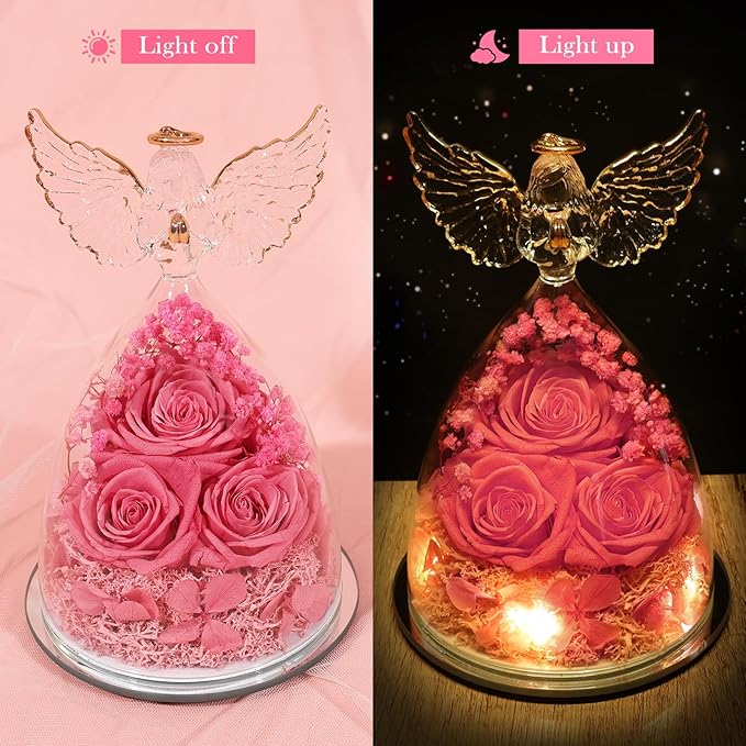 Valentines Day Gifts for Her Preserved Flower Rose Gifts for Women, Forever Eternal Flowers in Glass Angel Figurines Flowers for Delivery Prime Pink Roses for Grandma Mom Sister Wife Birthday Decor - Bloomnest