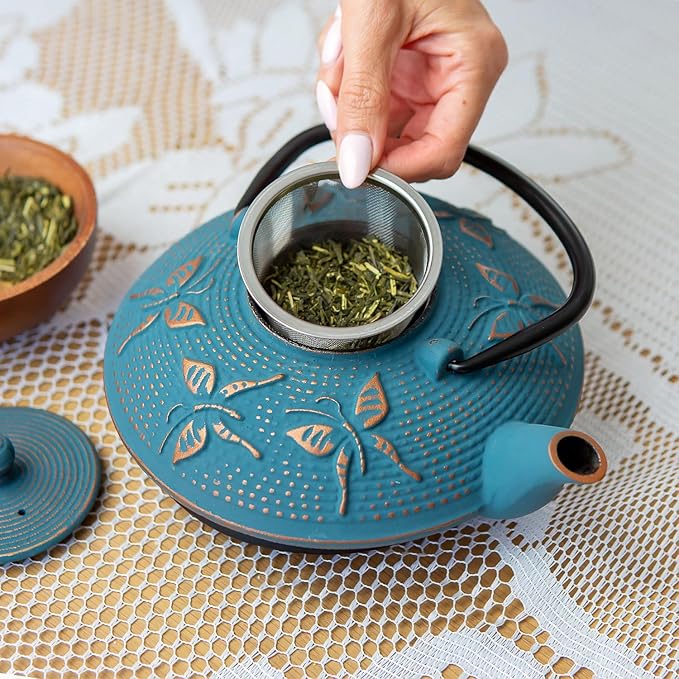 7PC Japanese Tea Set. "Blue Butterfly" Cast Iron Tea Pot with 2 Tea Cups, 2 Saucers, Tea Infuser and Teapot Trivet. Ceremonial Matcha Accessories