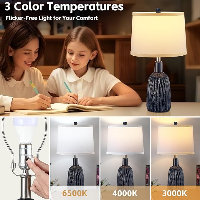 GRUENLICH Ceramic Table Lamp Set of 2 for Nightstand, 22.5" Modern Blue Bedside Lamp with 3 Adjustable Color Temperature, Bedroom Light for Living Room Desk End Table Office (2 LED Bulbs Included) - Bloomnest