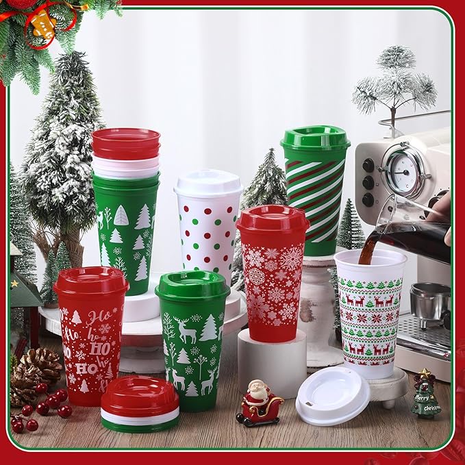 Pickmesh 12 Pcs Christmas Coffee Cups Gifts Bulk 16 oz Reusable Christmas Tree Snowflake Elk Pattern Tumblers with Lid Plastic Travel Coffee Mug for Women Coworkers Holiday Drinks - Bloomnest