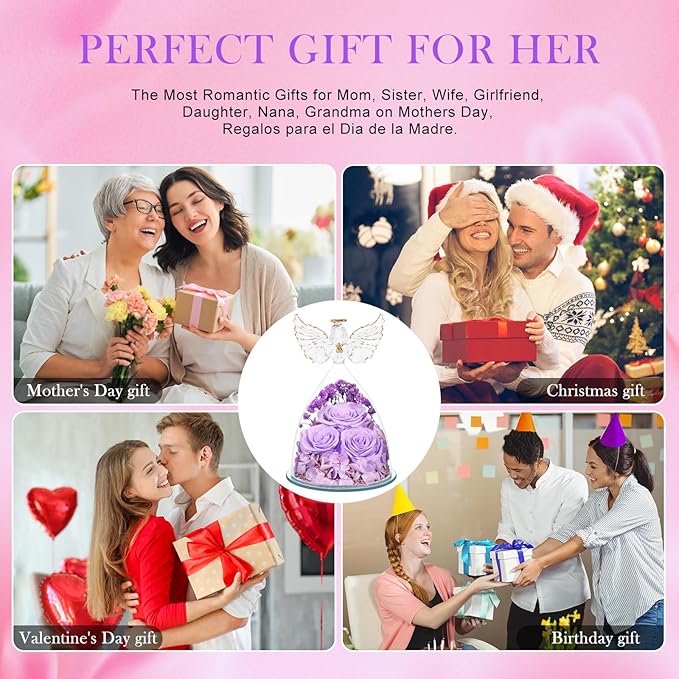 Valentines Day Gifts for Women Preserved Flower Rose, Forever Eternal Flowers in Glass Angel Figurines Real Purple Roses for Delivery Prime for Grandma Mom Sister Her Wife for Mothers Day Birthday - Bloomnest
